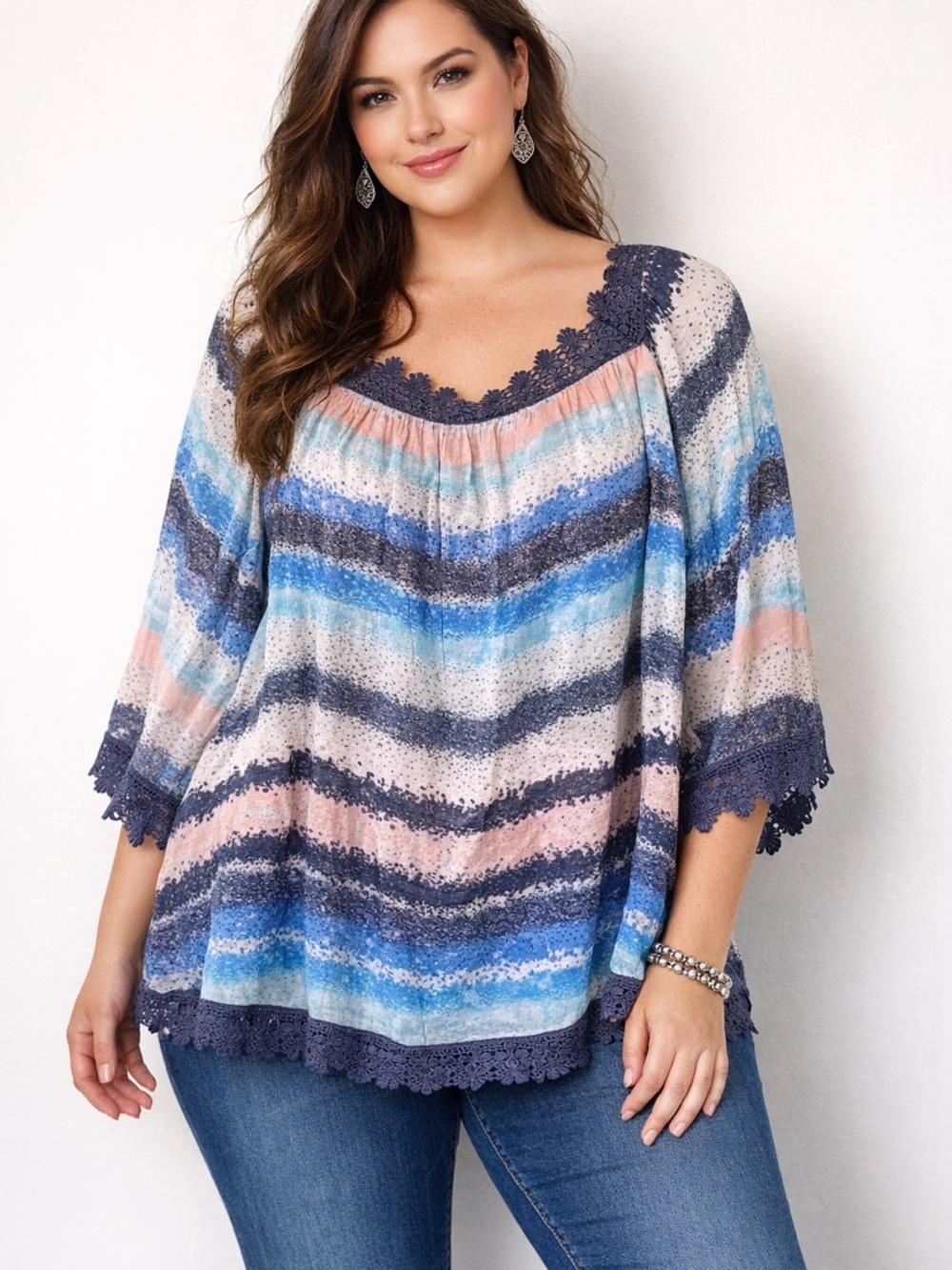 Zac & Rachel Top Sz 2X Striped Scalloped Crochet Trim Pinks& Blues. SKU#334